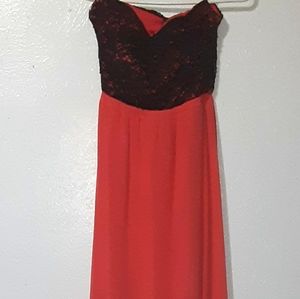 Long, peach and navy open back dress